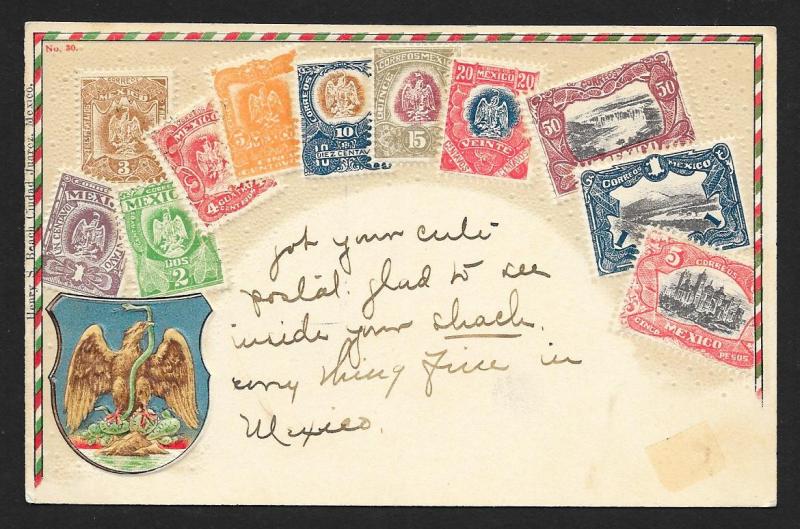 MEXICO Stamps on Postcard Embossed Shield Used c1906
