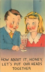 Postcard 1942 Couple romance Soda Fountain ice cream comic humor  23-2593