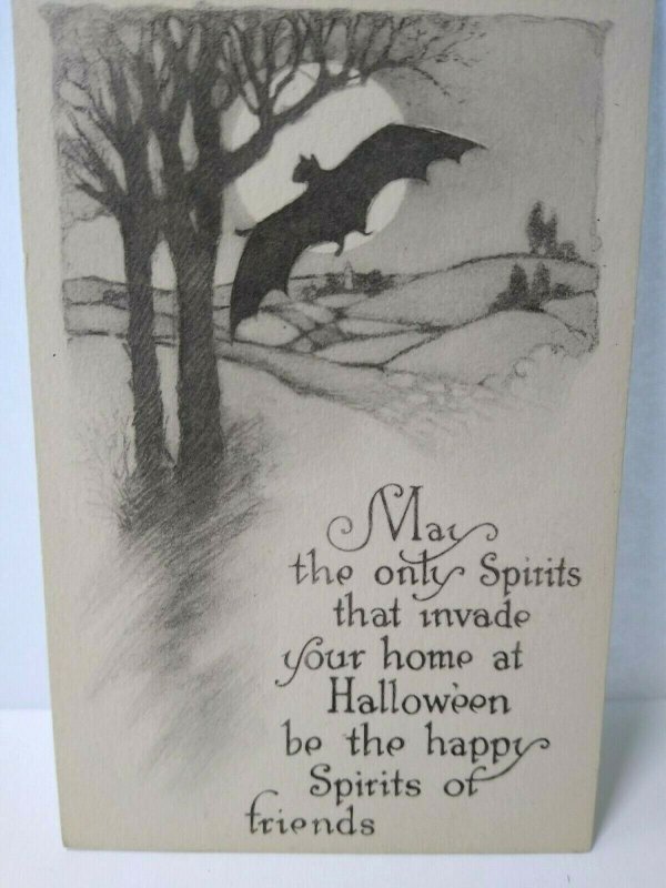 Halloween Spirits Fantasy Postcard Gibson Vampire Bat Flyers By Full Moon Sepia  