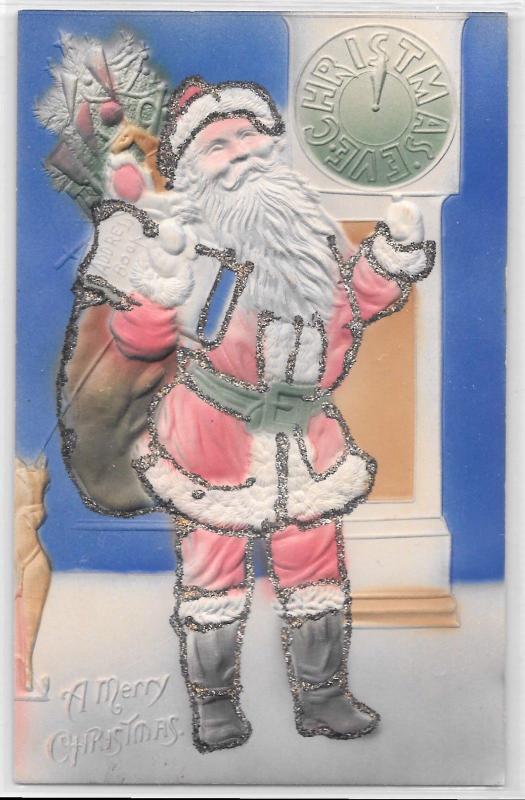 Vintage Postcard A Merry Christmas Glitter Santa with Address Book Eve Clock