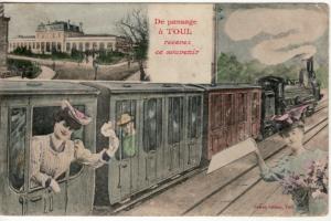 FRANCE  TOUL   RAILROAD  LADY waves from TRAIN postcard