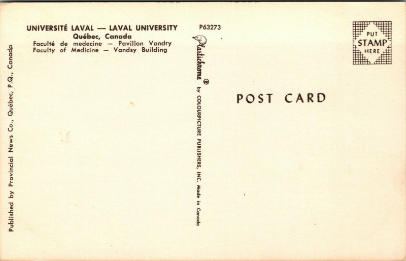 Vtg 1950s Laval University Faculty of Medicine Quebec Canada Chrome Postcard