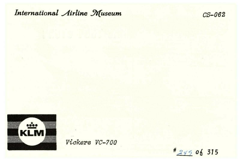 KLM VickersVC-700 International Airline Museum Photo Postcard