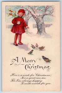 Christmas Postcard Little Girl Feeding Birds Winter Scene c1910's Posted Antique