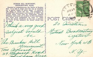 Vintage Postcard 1940's Bunker Hill Monument Charlestown Boston Massachusetts MA