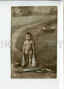 3157226 NUDE Kid Girl w/ Net FISHING Fisherman Vintage PHOTO PC