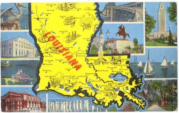 Linen Map Card of Louisiana LA