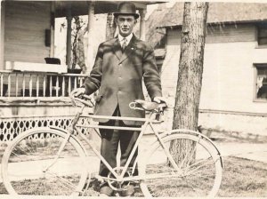 OWOSSO MICHIGAN~PROUD MAN WITH BICYCLE~1910s REAL PHOTO