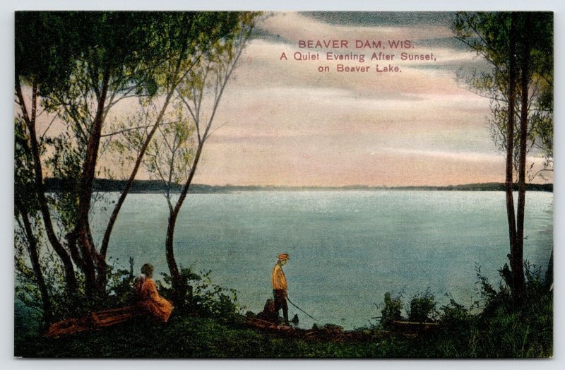 Beaver Dam WI Teen Watches Her Lake Shore Fishing After Sunset~Gorgeous Postcard 