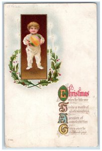 c1910's Christmas Little Boy Holding Ball Holly Berries Candles Posted Postcard