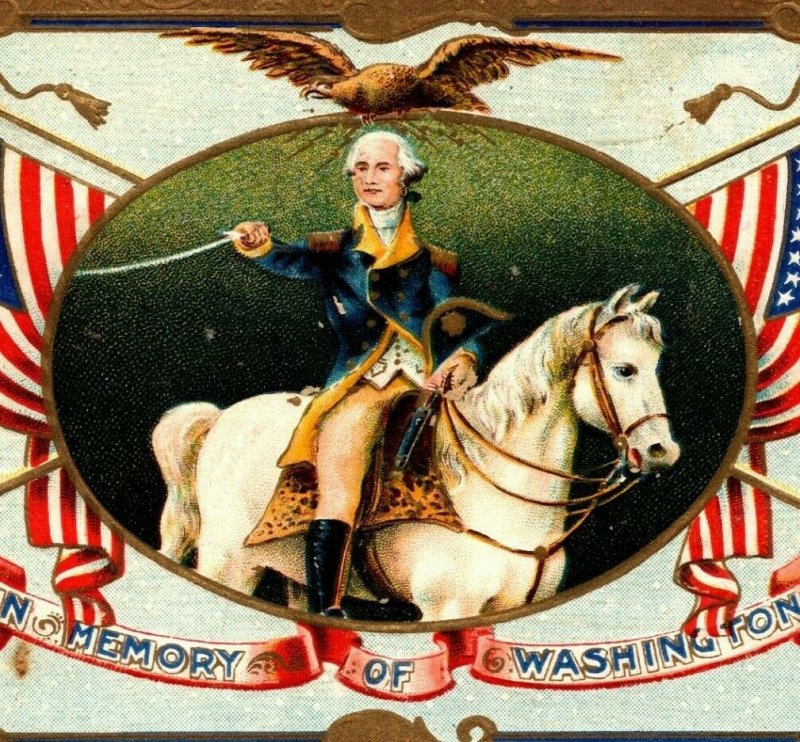 c 1914 Patriotic Postcard George Washington Horseback Blueskin Flags Eagle