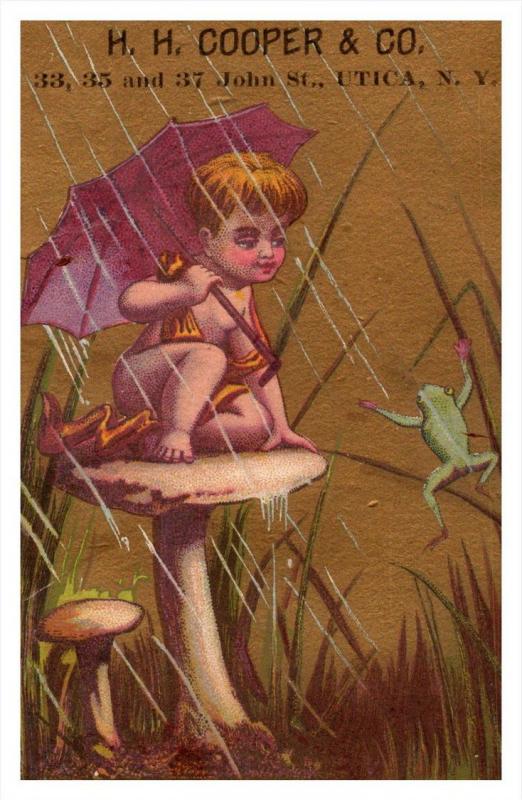 Child  on Mushroom, frog  H.H.Cooper Utica New York  Victorian  Trade Card