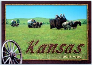 Postcard - Stagecoach or wooden-wheeled wagon ride in Kansas