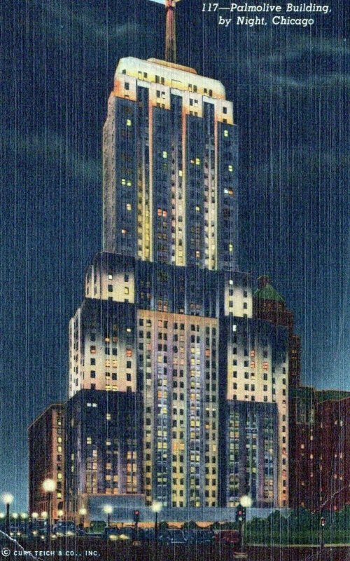 Palmolive Building By Night Chicago Posted Illinois Vintage Linen Post Card 