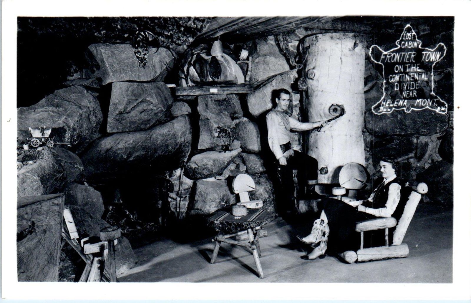 RPPC FRONTIER TOWN, MT Montana "LOST CABIN" Interior c1950s Roadside
