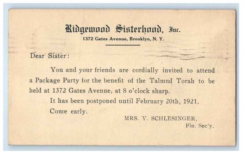 Ridgewood Sisterhood Inc. Party Invitation Brooklyn NY Advertising Postcard