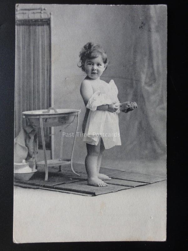 Small Child having a Wash with Sponge c1905 Pub by H.V. & Co of London