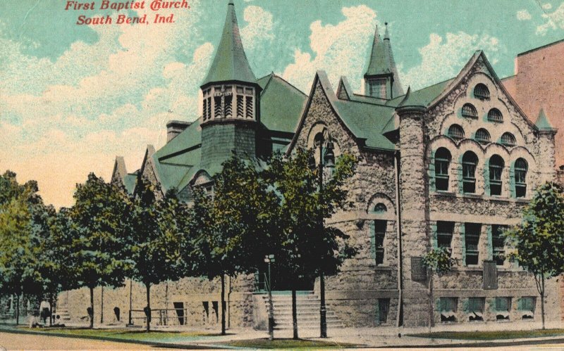 VINTAGE POSTCARD FIRST BAPTIST CHURCH AT SOUTH BEND INDIANA MAILED 1912