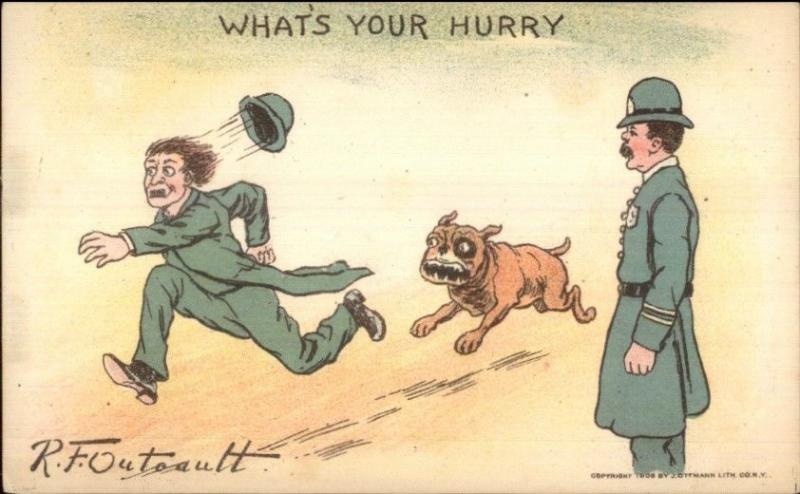 Buster Brown Dog Tige Chasing Man - Police Officer Cop c1905 Postcard
