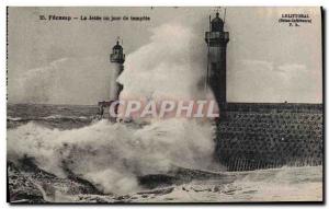 Postcard Old Lighthouse Fecamp The pier one day storm