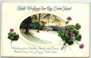 Postcard - New Year Greeting Card with Poem and Flowers Clovers Art Print