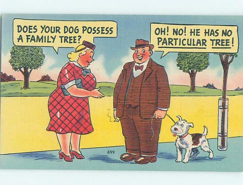 Linen comic FAT WOMAN TALKING TO MAN WALKING HIS DOG HL3364