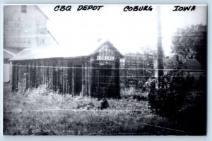 Coburg Iowa Postcard CBQ Depot Rail Station Exterior View c1940 Vintage Antique