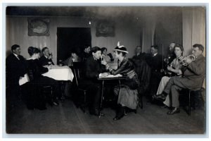 c1910s Romance Dating Game Beer Musicians Smoky Room RPPC Photo Antique Postcard