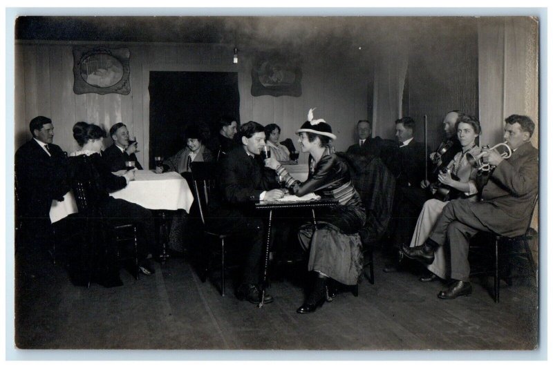 c1910s Romance Dating Game Beer Musicians Smoky Room RPPC Photo Antique Postcard