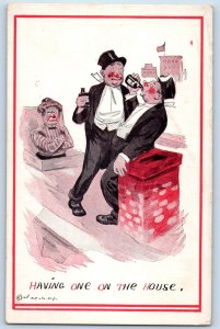 Comic Humor Postcard Drunk Man Drinking Beer Angry Wife Having One On The House