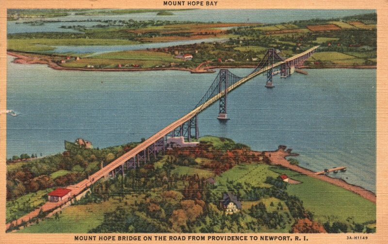 Postcard 1945 Mount Hope Bay Bridge on the Road From Providence to Newport R.I.