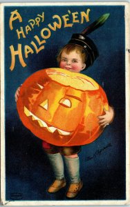 1910 Happy Halloween Boy with Jack O'Lantern Artist Signed Clapsaddle Postcard