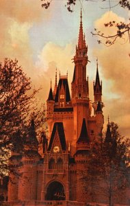 Vintage Postcard View Glowing Warmly at Twilight Cinderella Castle Fantasyland