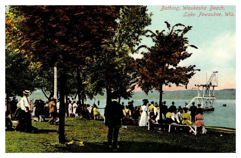 Postcard WI Lake Pewaukee - Bathing at Waukesha Beach