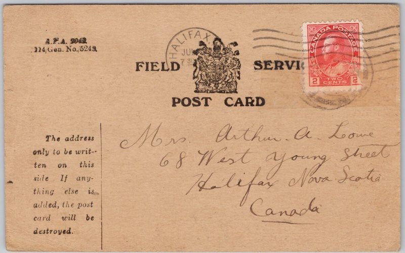 CEF Canadian Field Service Postcard fro Arthur to Mrs Arthur Lowe Halifax NS H80