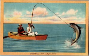 Fishing Scene, Greetings from Elmore OH Vintage Linen Postcard E35