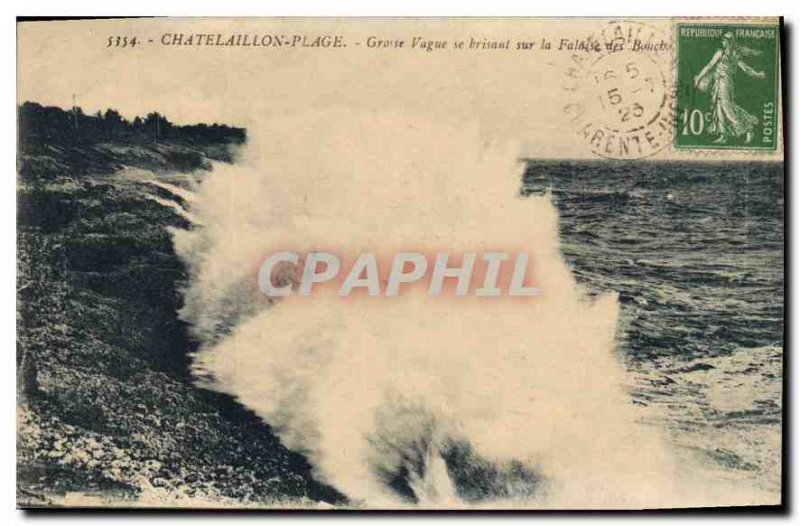 Old Postcard Chatelaillon Plage Big Wave breaking on the cliff