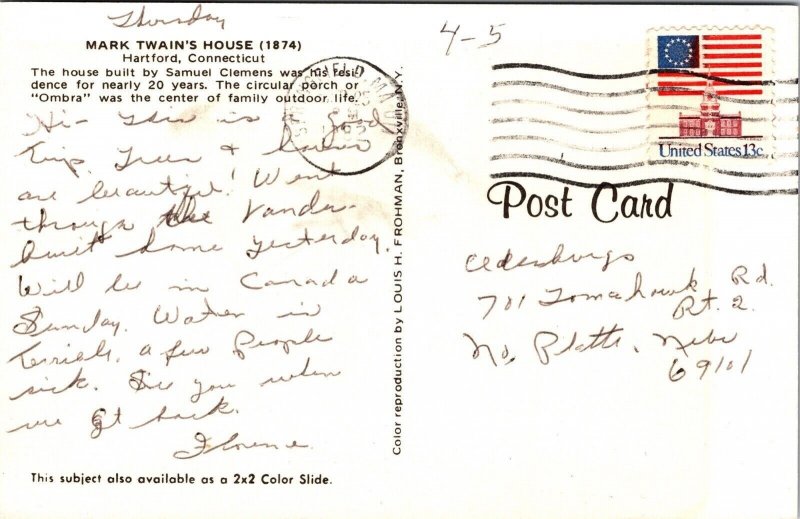 Mark Twains House Hartford Connecticut CT Postcard PM Springfield MA Cancel WOB 