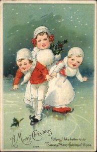 Christmas Little Girls Ice Skating c1910 Vintage Postcard