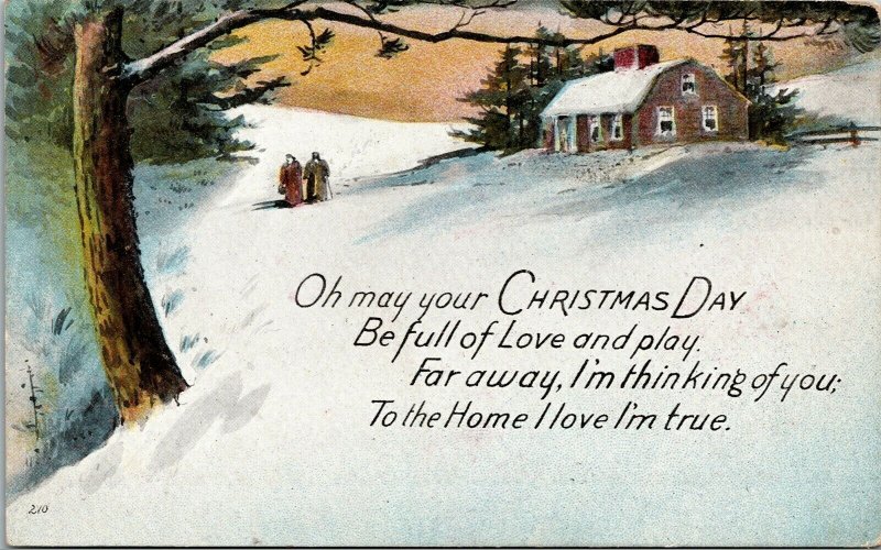 Vtg 1910s Christmas Day Winter Cabin House Home Scene Greetings Postcard