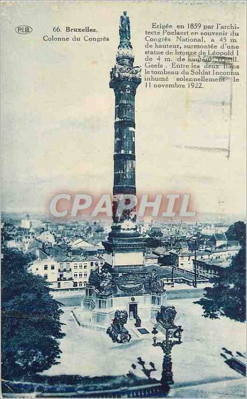 Old Postcard Brussels Column of Congress in 1859 by the architect Poelaert in...