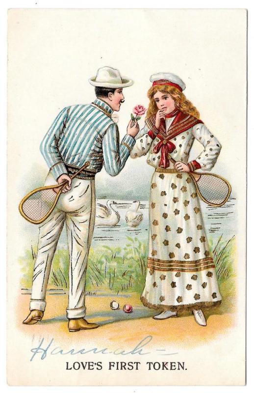 Romance Couple Tennis Loves First Token Vintage Postcard