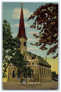 c1940 St. Mary's Catholic Church Building Tower Stairs Joliet Illinois Postcard