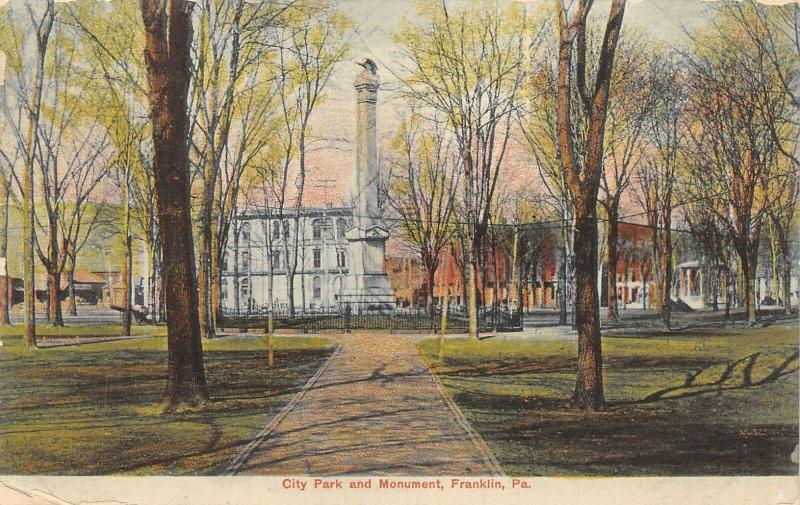 Franklin Pennsylvania~City Park Civil War Monument~Band Stand~Downtown~1908 PC 