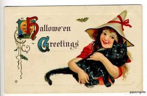 Halloween Black Cat Young Witch Postcard