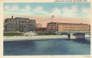 Library and Coliseum, Des Moines, Iowa Vintage Linen Postcard