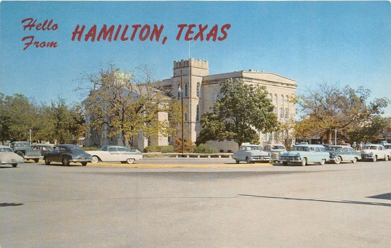 Hamilton Texas~Hamilton County Court House~Classic 50s Cars in Street~Postcard