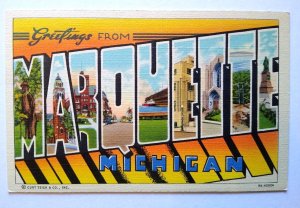 Greetings From Marquette Michigan Large Big Letter Postcard Linen Curt Teich