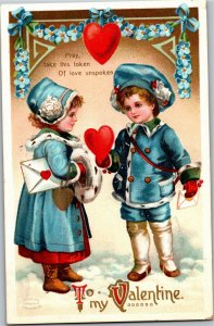 Ellen Clapsaddle To My Valentine Boy Gives Girl Heart c1911 Vintage Postcard U08