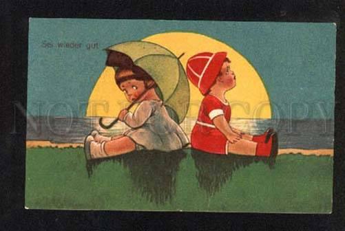 049675 Charming KIDS w/ Umbrella in Moonlight Old PC